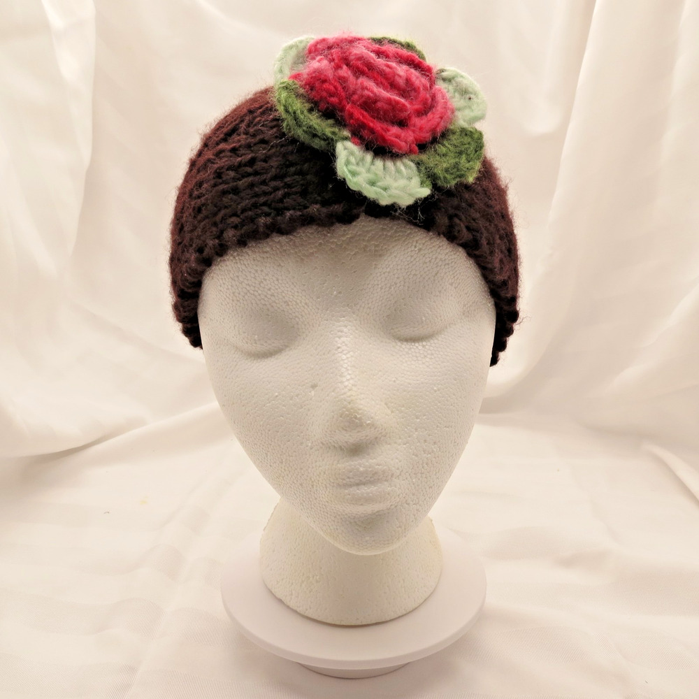 Brown Chunky Knit Ear Warmer Headband with Crochet Rose Flower & Leaves